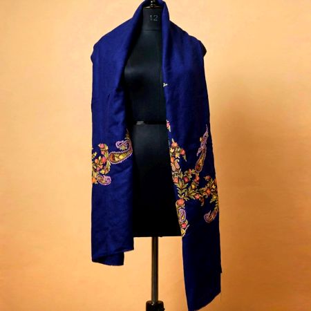 Kashmiri Hand Embroidered Blue Wool & Cashmere Shawl